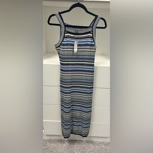 White House Black Market Blue and Black Striped Midi Dress